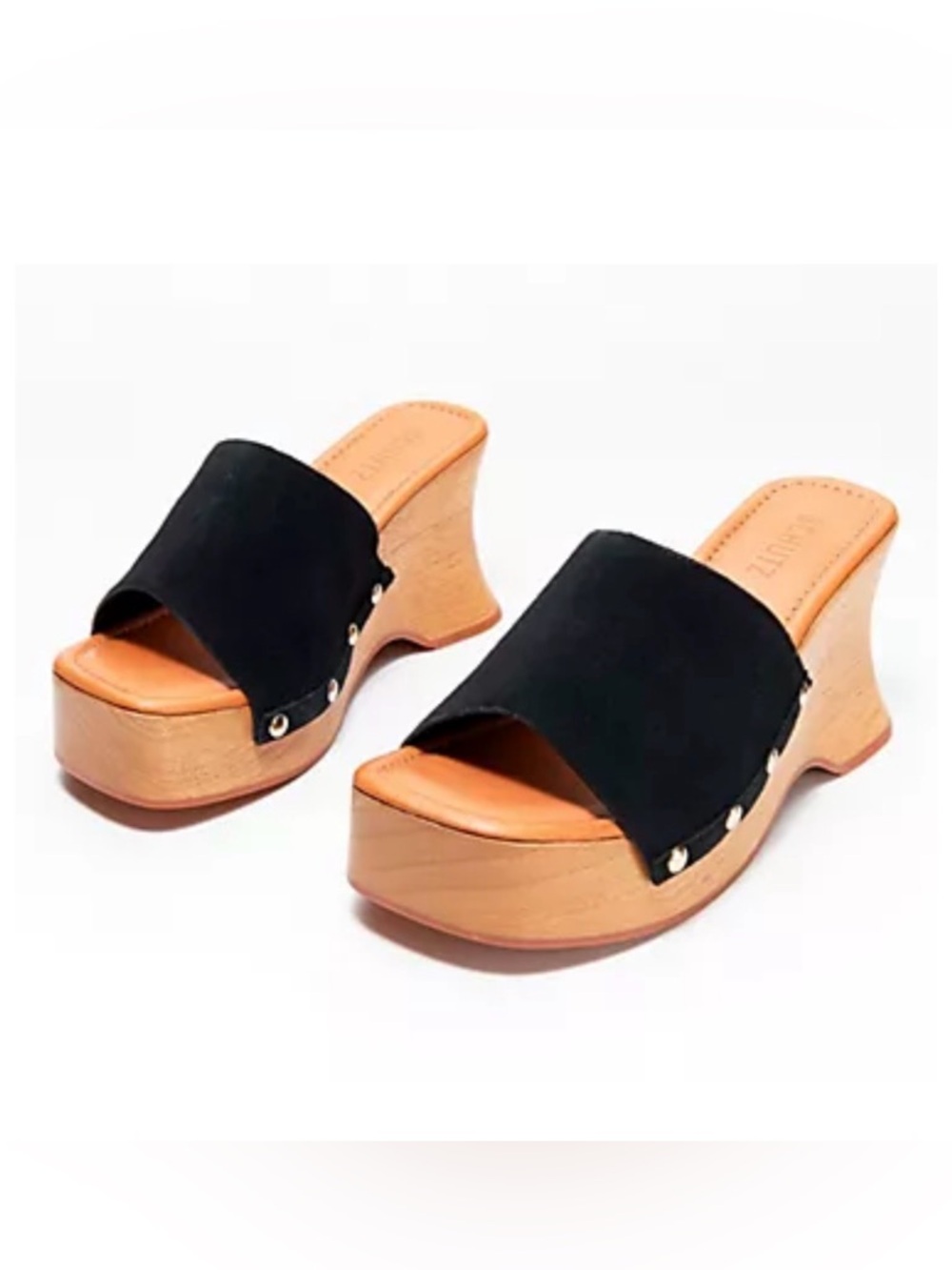 SCHUTZ Black Suede Wood-Look Wedge Slide Sandals